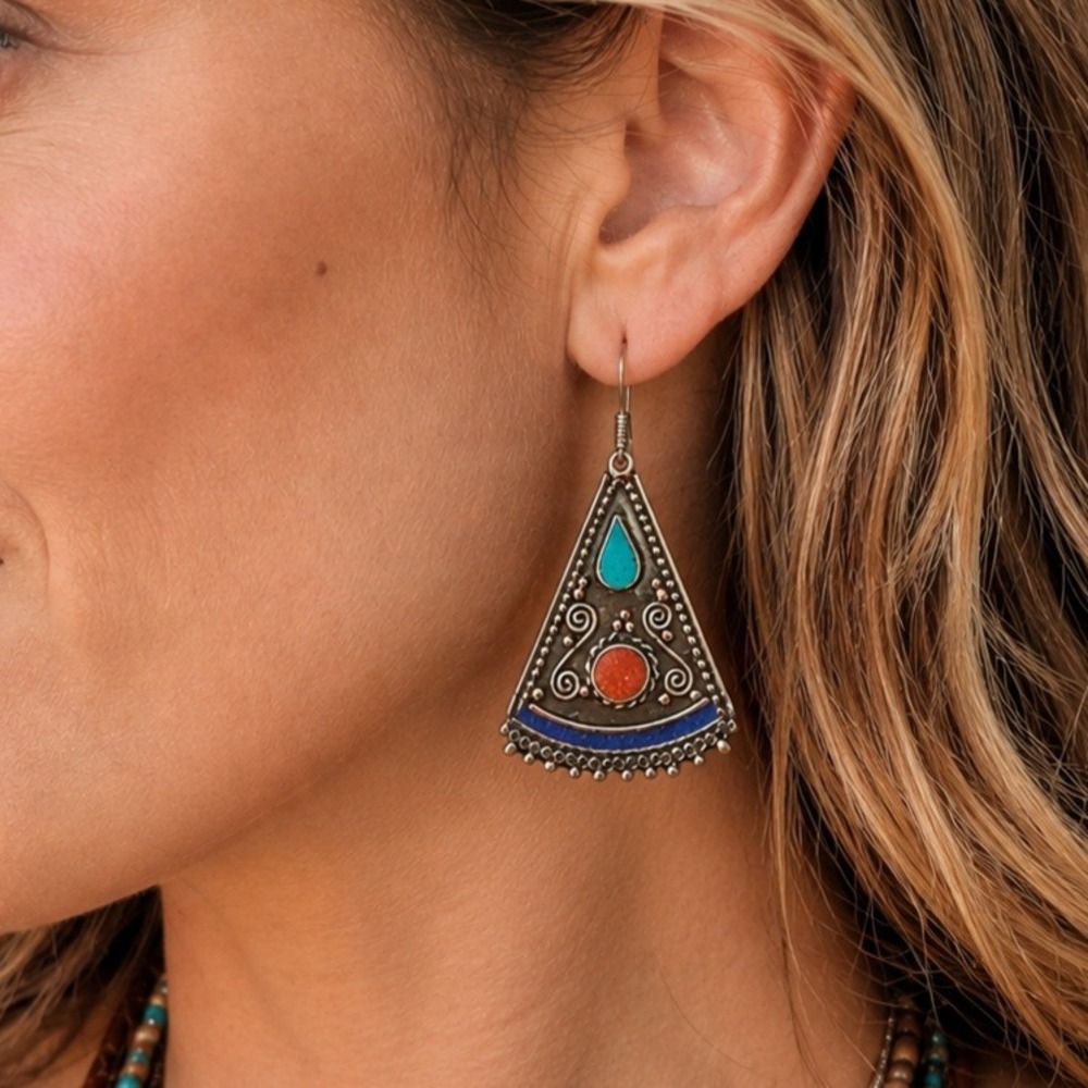 Lapis Lazuli Turquoise Coral Drop Dangle Tibetan Earrings 2.24" Boho Ethnic New